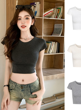 H582严选修身露脐上衣设计简约夏季短袖感休闲短款t恤女新款辣妹