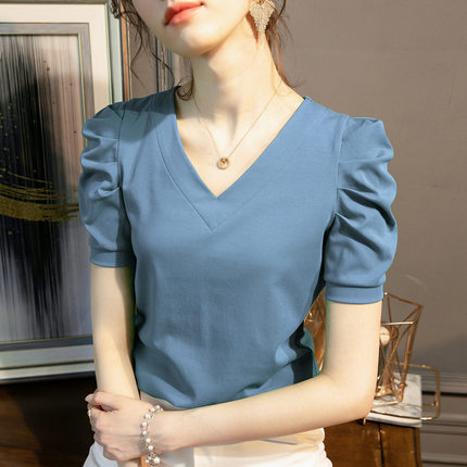 厂货v领短袖t恤女2025夏季新款冰棉白色体恤宽松泡泡袖1688上衣