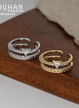 2026真金电镀镶锆石个性开口戒指女小众设计感几何指ins风简约