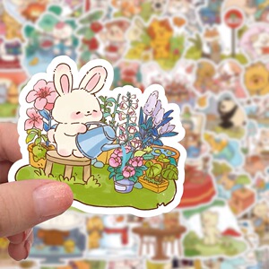 60张卡通小动物的一天贴纸创意可爱ins风装饰手机壳diy贴兔子熊猫