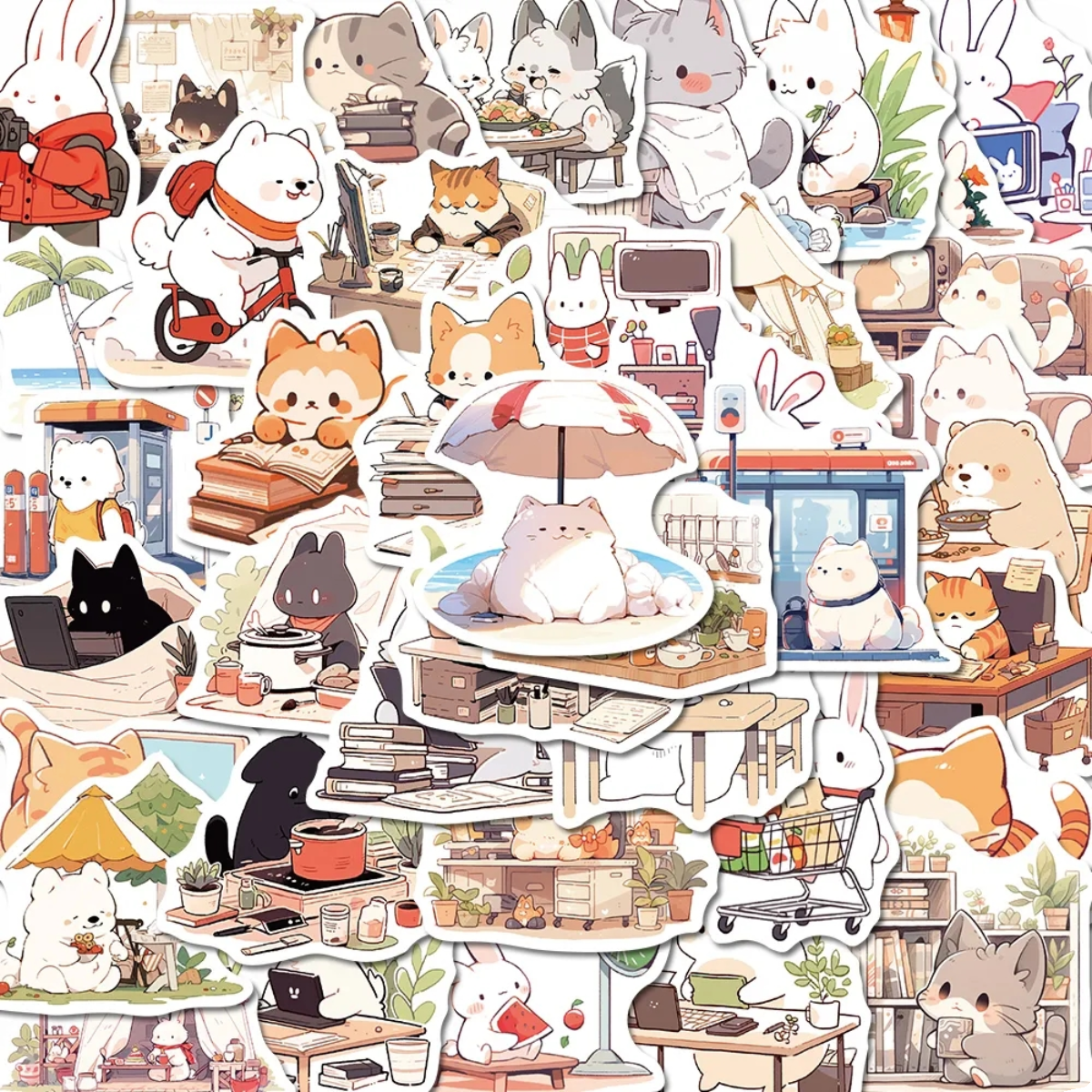 50张小动物们的一天可爱卡通贴纸创意手账手机壳水杯防水贴画