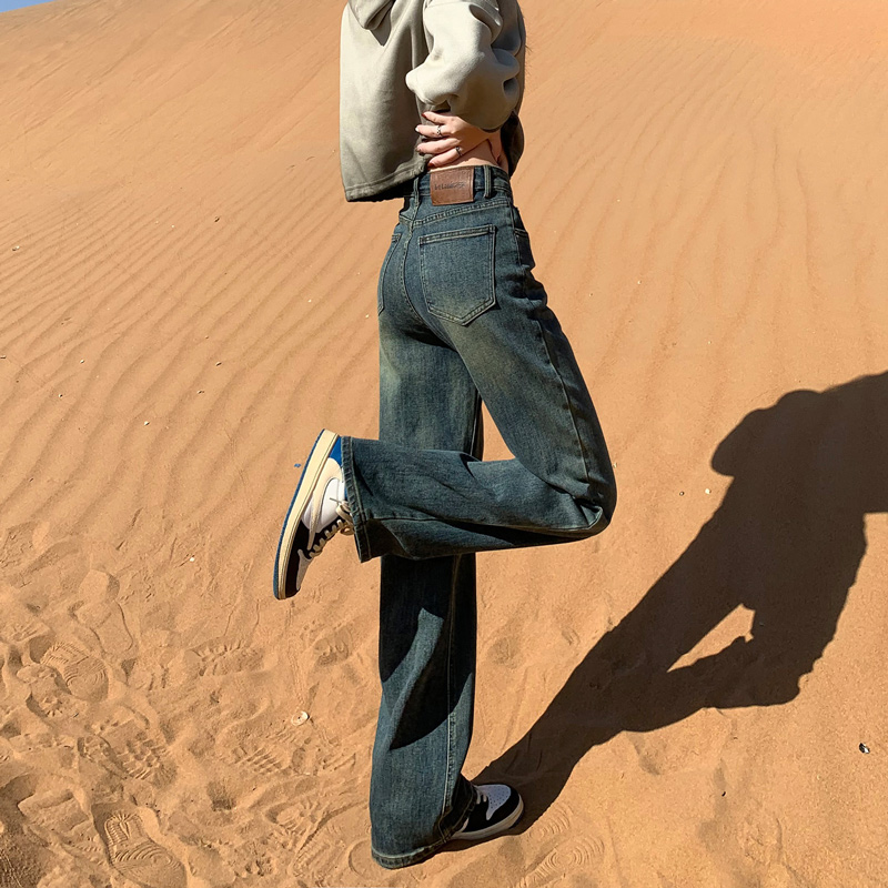 水泥灰加绒窄版直筒牛仔裤女2025春秋新款高腰显瘦小个子阔腿裤子