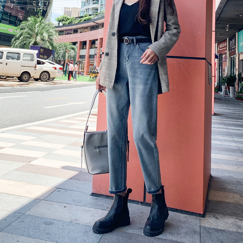加绒哈伦牛仔裤女2022年春季新款高腰直筒萝卜百搭显瘦宽松老爹裤
