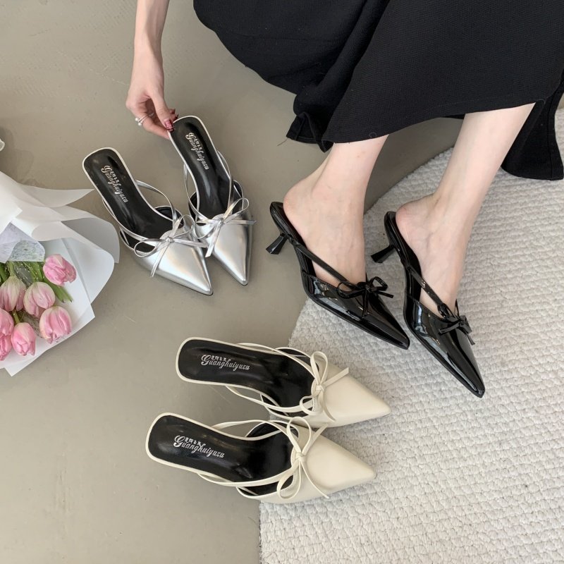 尖头蝴蝶结高跟半拖鞋女外穿2026新款春夏季时尚女鞋漆皮细跟凉拖,女鞋,包头拖,淘宝优惠券,粉丝福利购,淘宝优惠卷