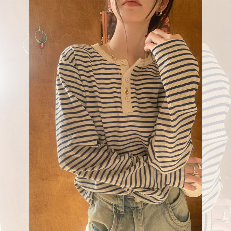 独特别致超好看条纹T恤女装秋季新款高级感宽松显瘦上衣长袖休闲