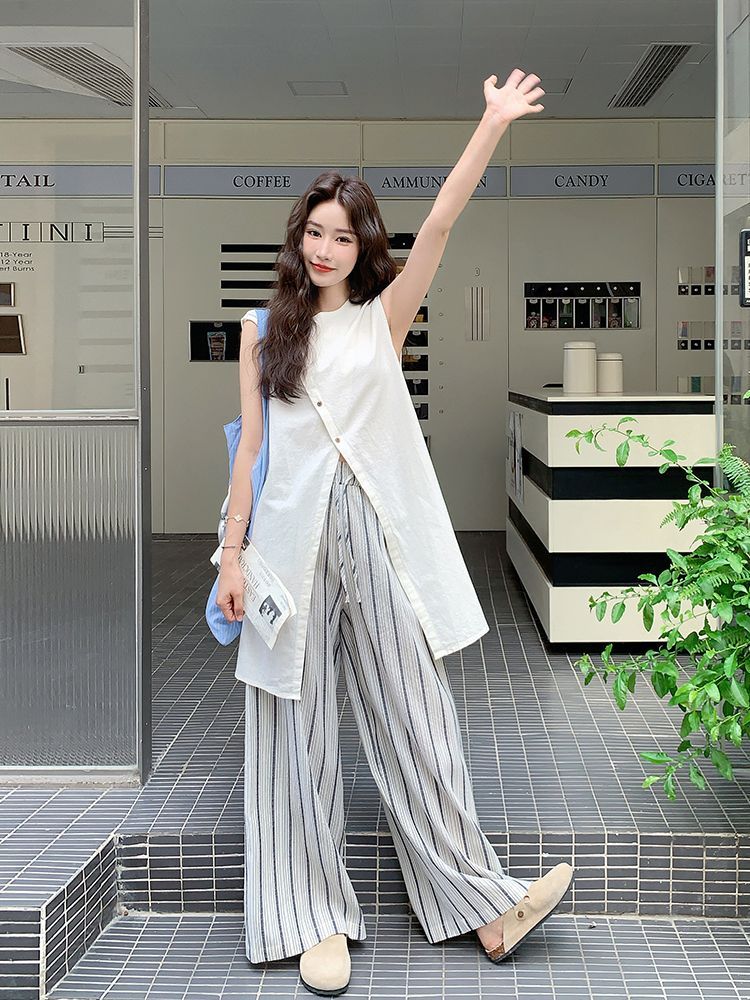 胖mm特大码300斤高级松弛感套装女夏季新款背心条纹阔腿裤两件套