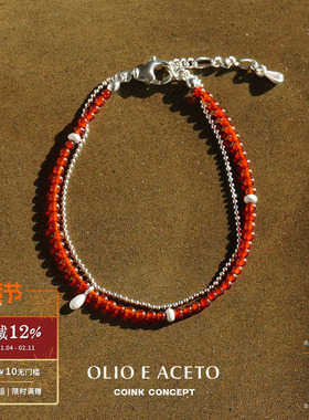 OLIO E ACETO 纯银红玛瑙水滴果双层手链 原创设计磨砂高级感礼物