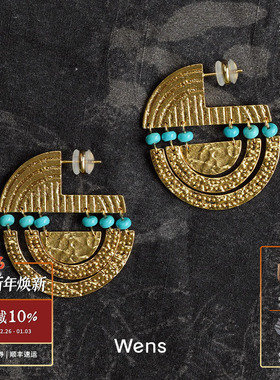 WENS 部落图腾串珠多层圈圈耳环 虎眼石绿松原创小众设计师 默叙