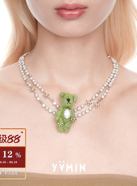 YVMIN尤目 草地布料小熊双层链项链 原创设计师choker锁骨链 默叙