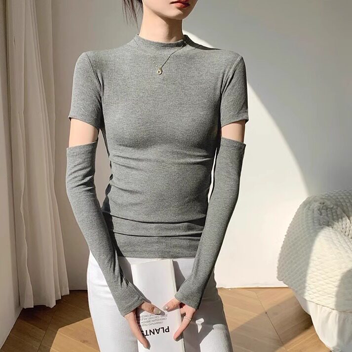 灰色小高领打底衫女2025新款早秋内搭紧身t恤设计感镂空长袖上衣