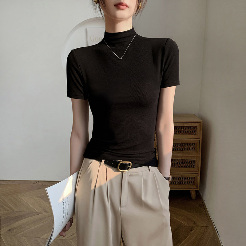 螺纹半高领短袖t恤女内搭春夏季2026新款正肩修身黑色打底衫上衣