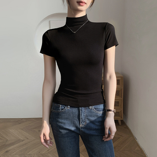 黑色打底衫 半高领短袖 针织修身 2026新款 上衣 t恤女正肩内搭春夏季