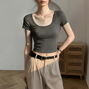 低领修身 春夏季 显瘦纯棉露背上衣潮 2026年新款 灰色t恤女双u领短袖