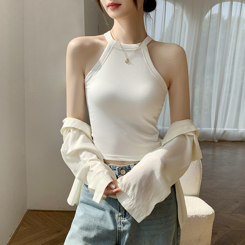 白色挂脖吊带背心女内搭2026新款夏季带胸垫一体短款打底外穿上衣