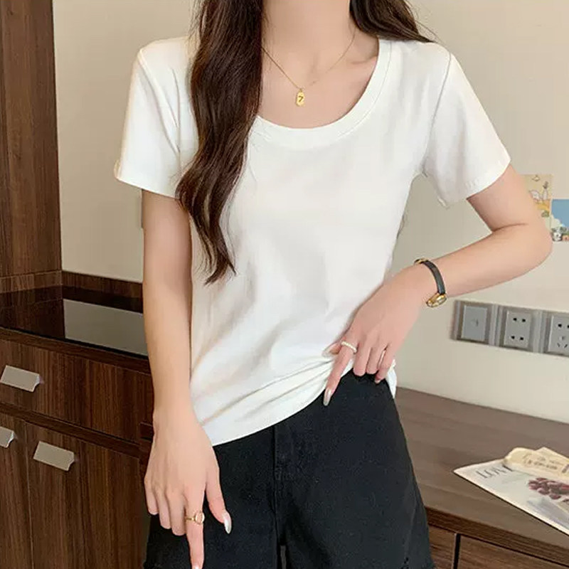 白色圆领短袖t恤女正肩2026新款夏季基础款漏锁骨简约修身上衣
