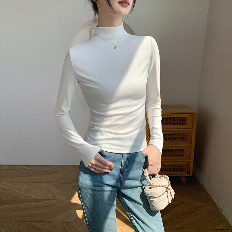 白色半高领加绒长袖打底衫女2025新款秋冬内搭修身高级感保暖上衣
