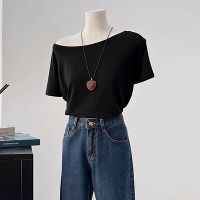 黑色一字肩宽松短袖t恤女2025