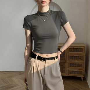 正肩修身 T恤女夏2026新款 露脐小个子高腰上衣 小高领短袖 灰色短款
