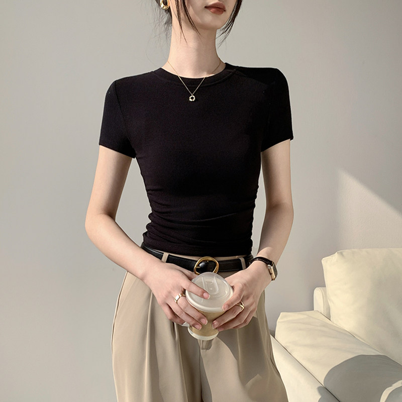黑色螺纹短袖t恤女2026新款春夏正肩洋气短款小个子紧身半袖上衣
