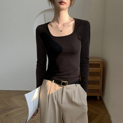 黑色螺纹方领长袖打底衫女2025秋