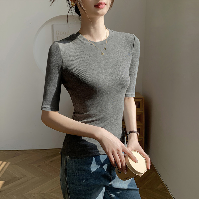 灰色小半高领中袖t恤女2025新款秋夏五七分袖内搭打底衫紧身上衣