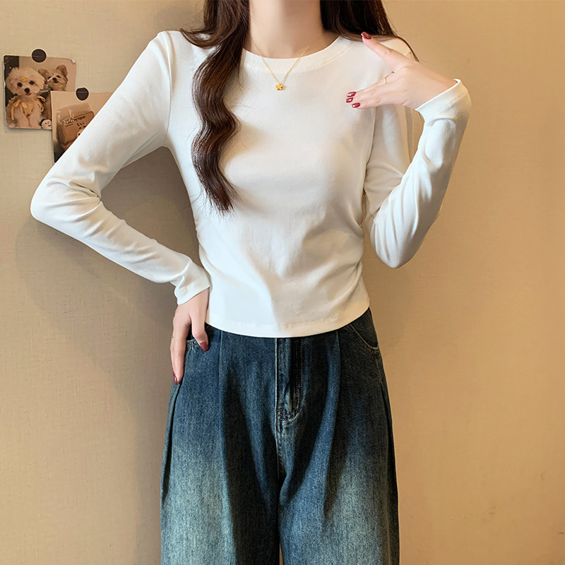2025春秋新款白色圆领纯棉短款打底衫女抽褶设计感修身内搭上衣