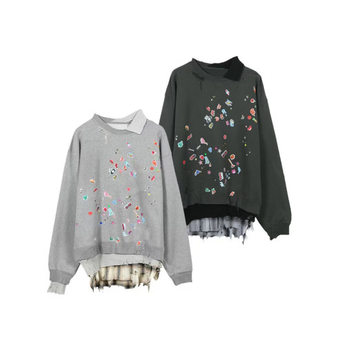 26SS MMY三源同款 卡通印花假两件拼接男女同款宽松长袖卫衣