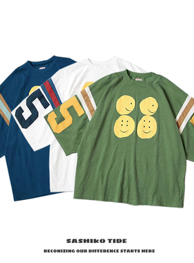 22SS KAPITAL平田和宏 日系三色蜡染拼色字母笑脸五分袖宽松短袖T