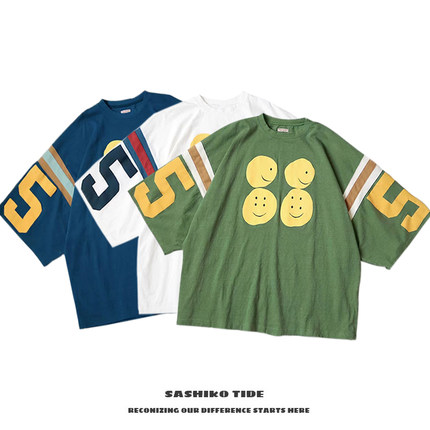 22SS KAPITAL平田和宏 日系三色蜡染拼色字母笑脸五分袖宽松短袖T