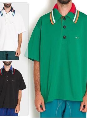 KOLOR 22SS阿部润一 日系三色拼接刺绣双层领珠地棉POLO短袖衬衫
