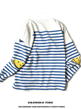 22AW KAPITAL 平田和宏 纯棉宽松蓝白条纹三旗长袖笑脸拼接打底衫