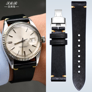 代用劳力士表带真皮男日志迪通拿潜航者黑绿蓝水鬼复古手表带牛皮