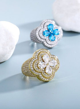 欧美风微镶花朵造型嘻哈男女夸张超闪钻个性戒指百搭潮品TOP新款
