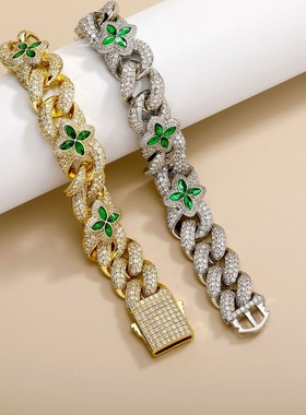 嘻哈说唱四叶草手链时尚潮酷痞帅古巴链高级感5A锆石彩色手饰品