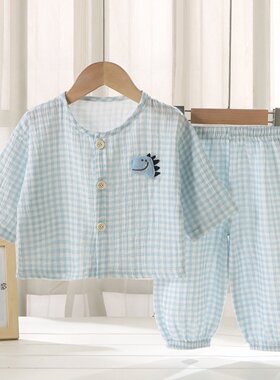 MXAG婴儿衣服春夏秋季休闲宽松纯棉纱布格子家居服一2岁3男女宝宝