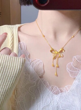 金色饰品在逃公主蝴蝶结项链女款爱心流苏一体链气质锁骨链