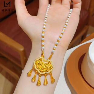 金包银古法莲花点钻锁吊坠富贵吉祥流苏挂坠长命锁气质项链