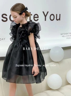 女童高级感黑色连衣裙2023夏新款女宝宝洋气小飞袖公主裙儿童礼服