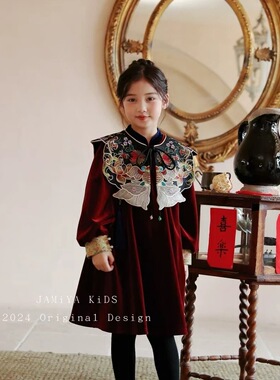 女童加绒连衣裙冬装新中式旗袍裙儿童红色丝绒裙女孩中国风拜年服