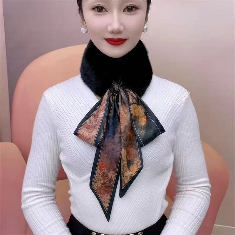 时尚飘带毛毛围巾毛绒毛领保暖百搭丝巾气质圆领秋冬新款护颈围脖