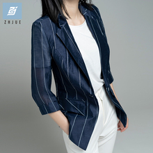 麻料条纹休闲薄款 中袖 女士小西服上衣 亚麻西装 外套女2019春夏新款