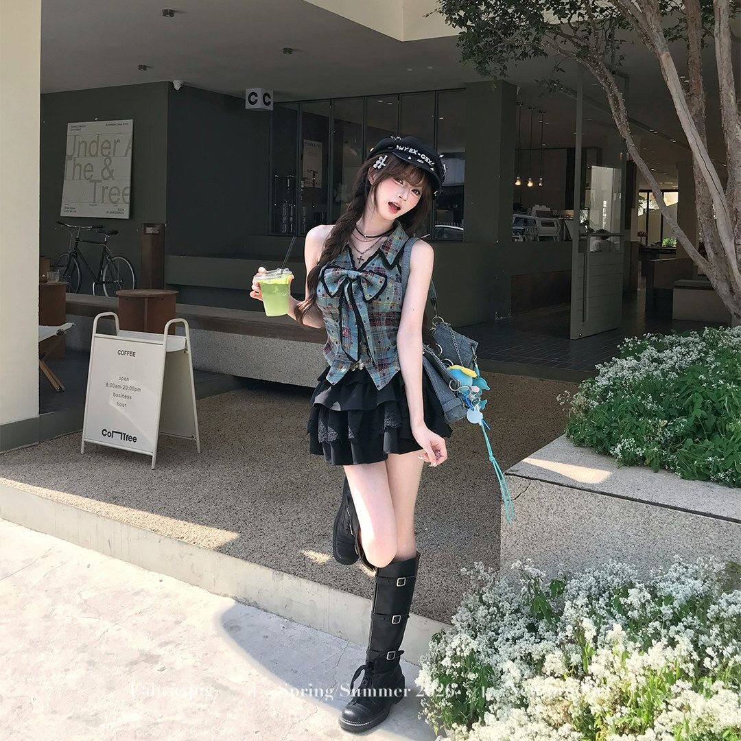 时尚春夏季新款蝴蝶结无袖格纹上衣蛋糕裙显瘦气质黑色蓬蓬短裙子