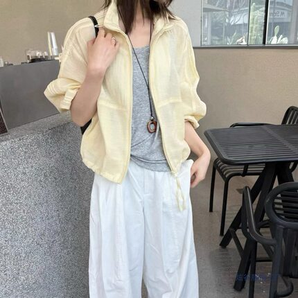 韩系简约百搭立领拉链衬衫女2026宽松休闲衬衣外套防晒衣米白色
