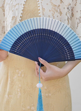 复古扇子折扇女中国风手工扇女士蓝色流苏装饰汉服摄影扇古风折扇