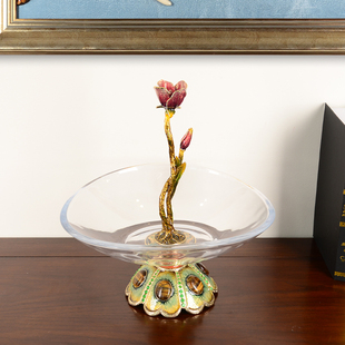 珐琅彩水晶玻璃果盘奢华高档客厅茶几摆件美式 创意家居轻奢零食盘