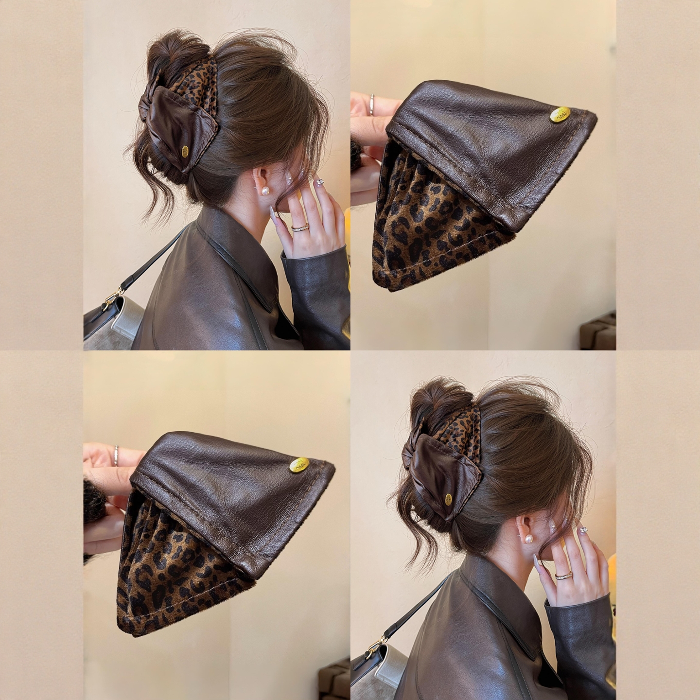 古早豹纹皮质金标三角抓夹高级显饱满欧美风气质后脑勺设计感夹子