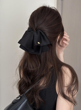 时髦精的半扎发~黑色裙摆法式缎面气质高级感蝴蝶结显发量发抓夹