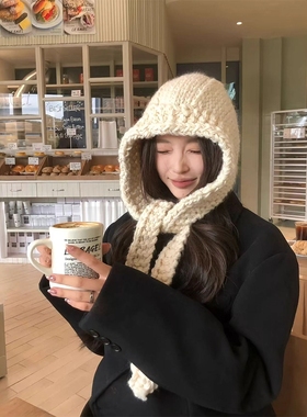 含羊毛手工针织白色帽子女2025年新款秋冬韩系加厚防寒保暖毛线帽