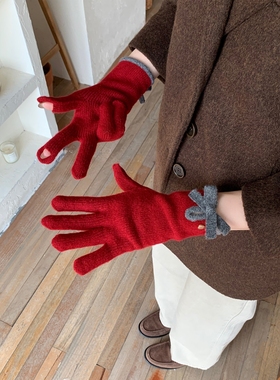 出口韩国~ins蝴蝶结红色手套女冬季羊毛混纺保暖防风分指触屏手套