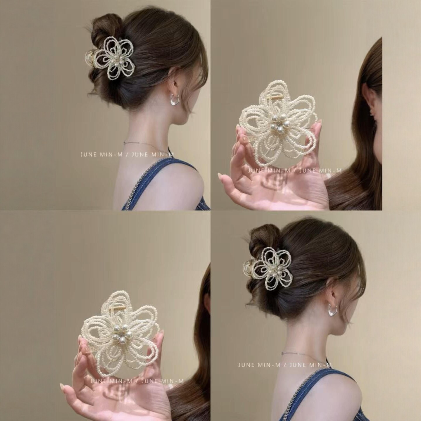 韩系少女氛围感十足的串珠花朵抓夹春日珍珠发夹高级感2026年新款